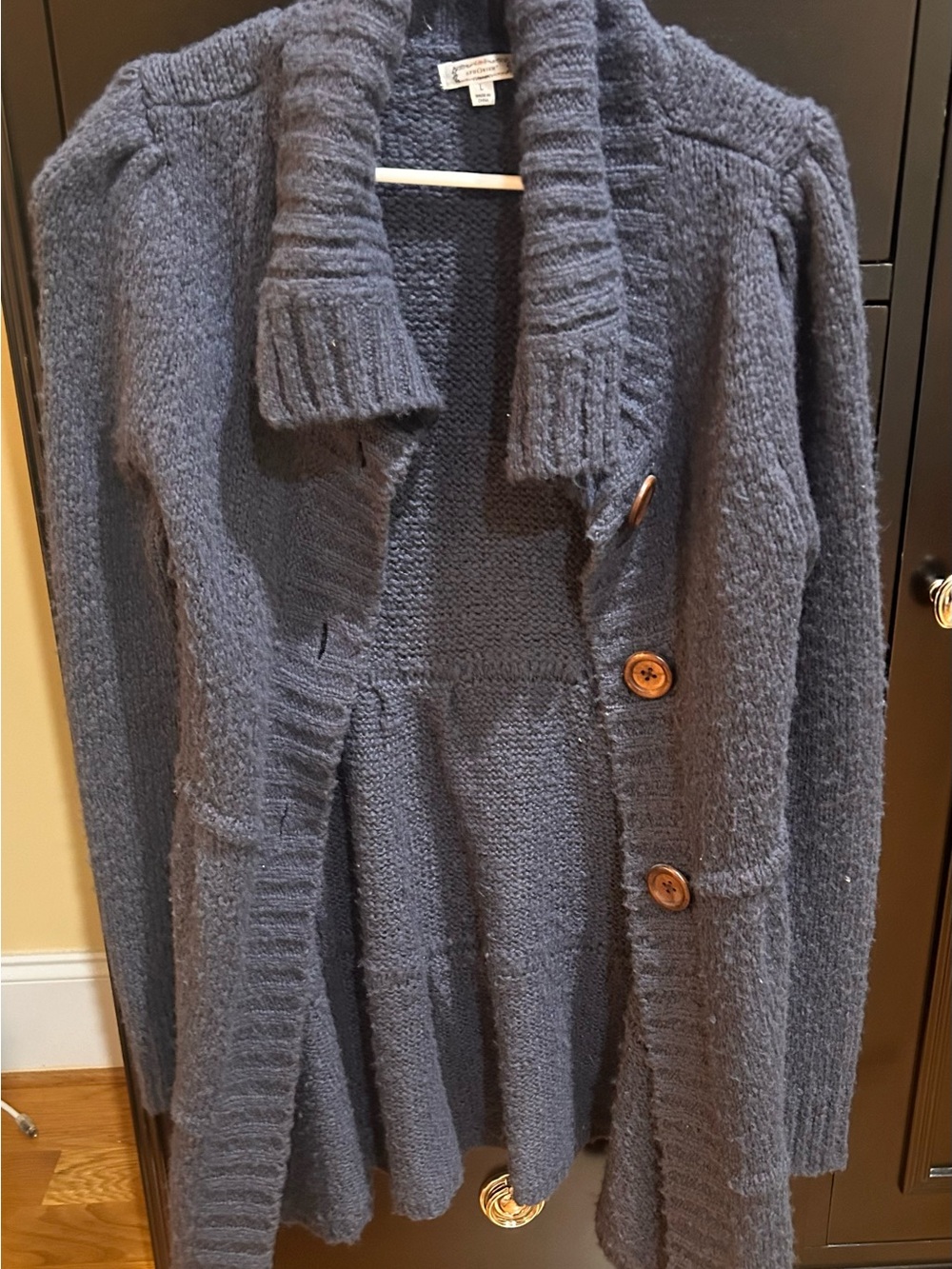 Aphorism Slate-Blue Chunky Shawl Collar Cardigan with Wood Buttons